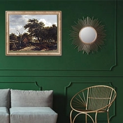 «Домики в лесу» в интерьере классической гостиной с зеленой стеной над диваном