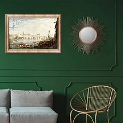 «The Monument and London Bridge, c.1820-80» в интерьере классической гостиной с зеленой стеной над диваном