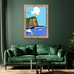 «Summer and sea and boat.» в интерьере зеленой гостиной над диваном