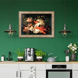 «Still Life with Lobster, 1660» в интерьере кухни с зелеными стенами