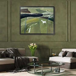 «White Horse, Cherhill» в интерьере зеленой гостиной над диваном