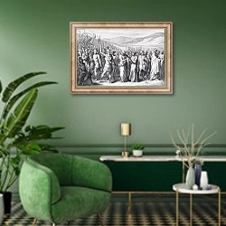 «The Secession of the People to the Mons Sacer, engraved by B.Barloccini, 1849» в интерьере гостиной в зеленых тонах