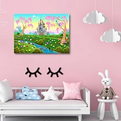 «Сказочная сцена с цветами и лисой» в интерьере детской комнаты для девочки в розовых тонах