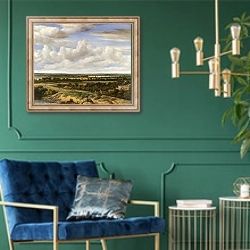«Пейзаж с дорогой у реки» в интерьере в классическом стиле с зеленой стеной