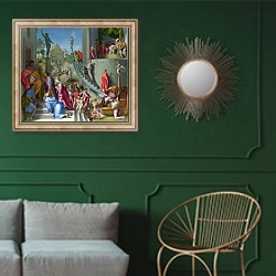 «Иосиф с Яковом в Египте» в интерьере классической гостиной с зеленой стеной над диваном