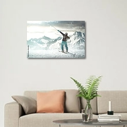 «Лыжник в горах» в интерьере современной светлой гостиной над диваном