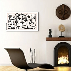 «Непрерывный рисунок одной линии» в интерьере гостиной в этническом стиле над камином