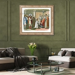 «Baptism of King Guthorm» в интерьере гостиной в оливковых тонах