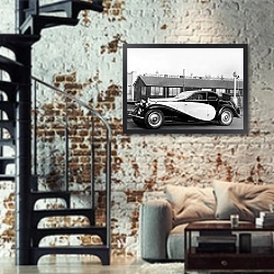 «Bugatti Type 50 Coupe Profilee '1931–33» в интерьере двухярусной гостиной в стиле лофт с кирпичной стеной