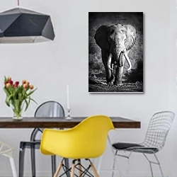 «Слоны ч/б №3» в интерьере столовой в скандинавском стиле с яркими деталями