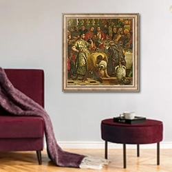 «The Marriage Feast at Cana, c.1562» в интерьере гостиной в бордовых тонах
