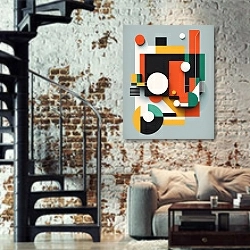 «Composition №24» в интерьере двухярусной гостиной в стиле лофт с кирпичной стеной