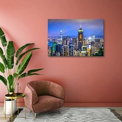 «Китай, Гогконг. Панорама с птичьего полета №11» в интерьере современной гостиной в розовых тонах