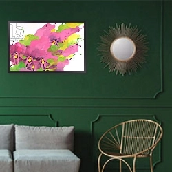 «Violets, 1995» в интерьере классической гостиной с зеленой стеной над диваном