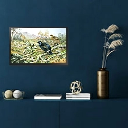 «Black Grouse on a Moor» в интерьере прихожей в зеленых тонах над комодом