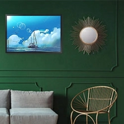 «Парусник в море под большими облаками» в интерьере классической гостиной с зеленой стеной над диваном