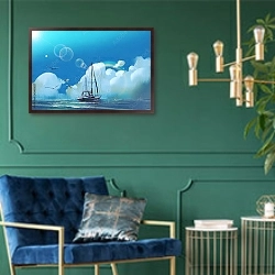 «Парусник в море под большими облаками» в интерьере в классическом стиле с зеленой стеной
