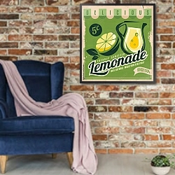 «Лимонад, ретро плакат» в интерьере в стиле лофт с кирпичной стеной и синим креслом