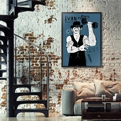 «Атлет» в интерьере двухярусной гостиной в стиле лофт с кирпичной стеной