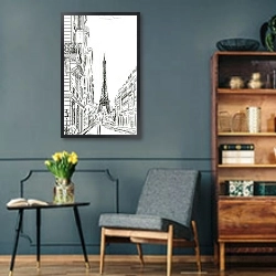 «Париж в Ч/Б рисунках #36» в интерьере гостиной в стиле ретро в серых тонах