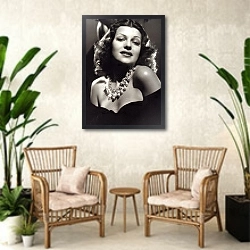 «Hayworth, Rita» в интерьере комнаты в стиле ретро с плетеными креслами