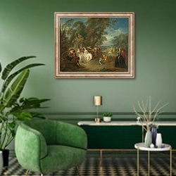 «Fête Champêtre, c. 1730» в интерьере гостиной в зеленых тонах
