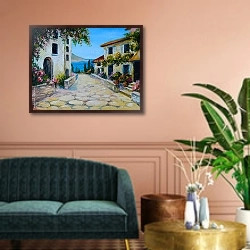 «Красивые дома на берегу моря» в интерьере классической гостиной над диваном