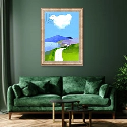 «Mountain skyline» в интерьере зеленой гостиной над диваном
