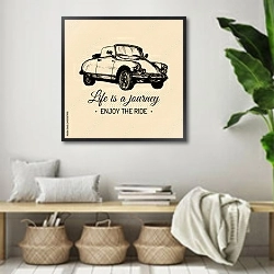 «Ретро-автомобиль с надписью Life is a journey,enjoy the ride » в интерьере комнаты в стиле ретро с плетеными корзинами