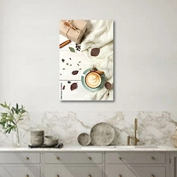 «Чашка капучино с осенними листьями и пледом» в интерьере кухни в серых тонах