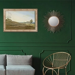 «Hut with a Well on the Rugen» в интерьере классической гостиной с зеленой стеной над диваном