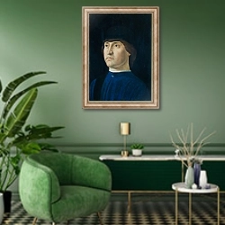 «Портрет мужчины 28» в интерьере гостиной в зеленых тонах