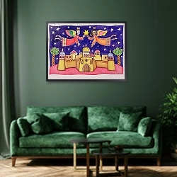 «Star Over Bethlehem» в интерьере зеленой гостиной над диваном