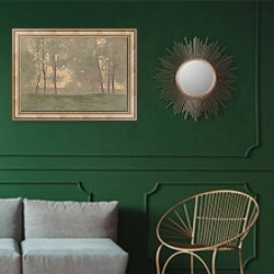 «Landscape with Rocks, near Royan» в интерьере классической гостиной с зеленой стеной над диваном