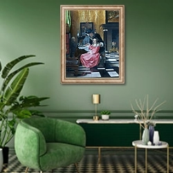 «Интерьер с женщиной отказывющейся от бокала вина» в интерьере гостиной в зеленых тонах