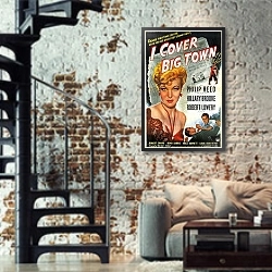 «Film Noir Poster - I Cover Big Town» в интерьере двухярусной гостиной в стиле лофт с кирпичной стеной