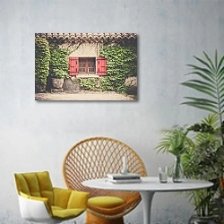 «Франция, типичное окно в Южной Франции» в интерьере современной гостиной с желтым креслом