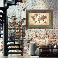 «Карта мира в стиле ретро» в интерьере двухярусной гостиной в стиле лофт с кирпичной стеной