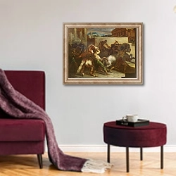 «The Wild Horse Race at Rome, c.1817» в интерьере гостиной в бордовых тонах