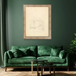 «Walruses on Cliffs» в интерьере зеленой гостиной над диваном