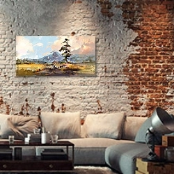 «Летний пейзаж с домом и сосной» в интерьере гостиной в стиле лофт с кирпичными стенами