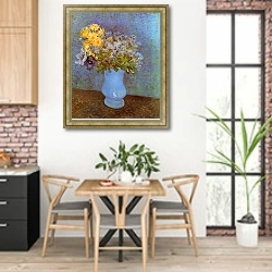 «Vase with Lilacs, Daisies and Anemones  ваза с сиренью, маргаритками и актиниями» в интерьере кухни с кирпичными стенами над столом