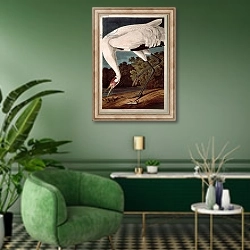 «Whooping Crane, from 'Birds of America'» в интерьере гостиной в зеленых тонах