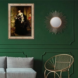 «Portrait of Helene Fourment with a Coach, c.1639» в интерьере классической гостиной с зеленой стеной над диваном