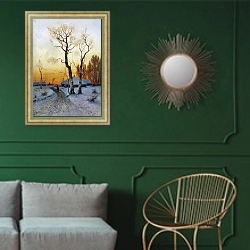 «Оттепель на дороге» в интерьере классической гостиной с зеленой стеной над диваном