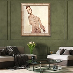 «Портрет Карла Заковсека» в интерьере гостиной в оливковых тонах