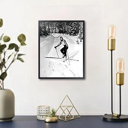«A Woman Cross Country Skiing» в интерьере в стиле ретро над столом