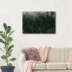 «Туман над еловым лесом» в интерьере современной светлой гостиной над диваном