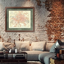 «Карта Берлина с пригородами» в интерьере гостиной в стиле лофт с кирпичной стеной