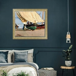 «Fishermen, Stranded Boats, Valencia; Pescadores, barcas varadas, Valencia,» в интерьере классической спальни с темными стенами